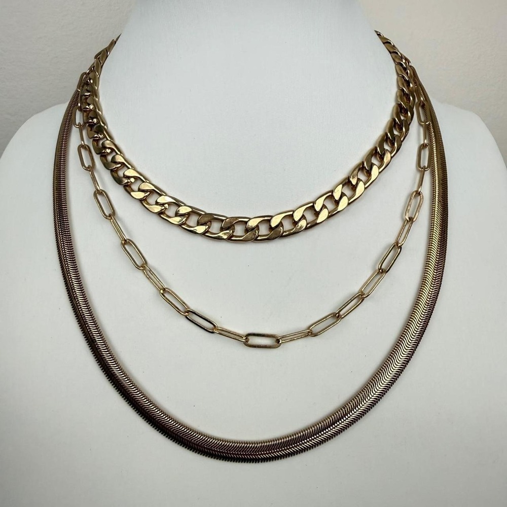 Gold Tone Necklace Triple Layered Curb Paperclip Herringbone Chain Stacked